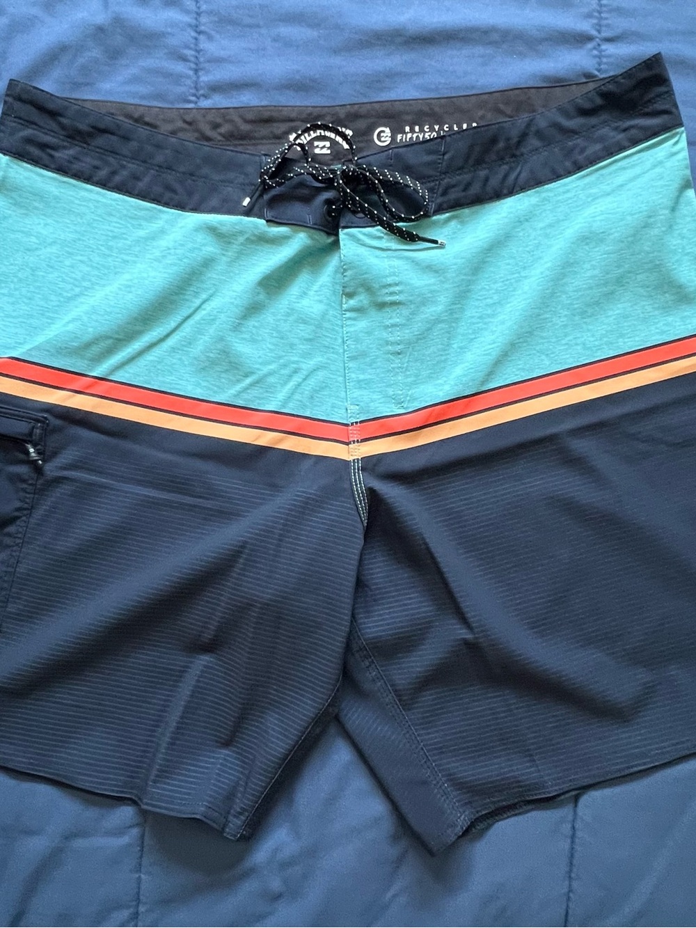 Billabong Men's Teal, Navy and Orange Stripe Board Shorts
